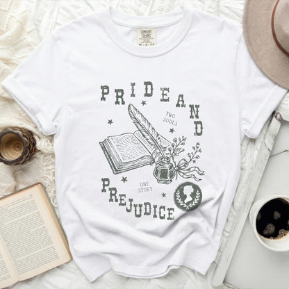 White t-shirt with "Pride and Prejudice, Two Souls, One Story" graphic.