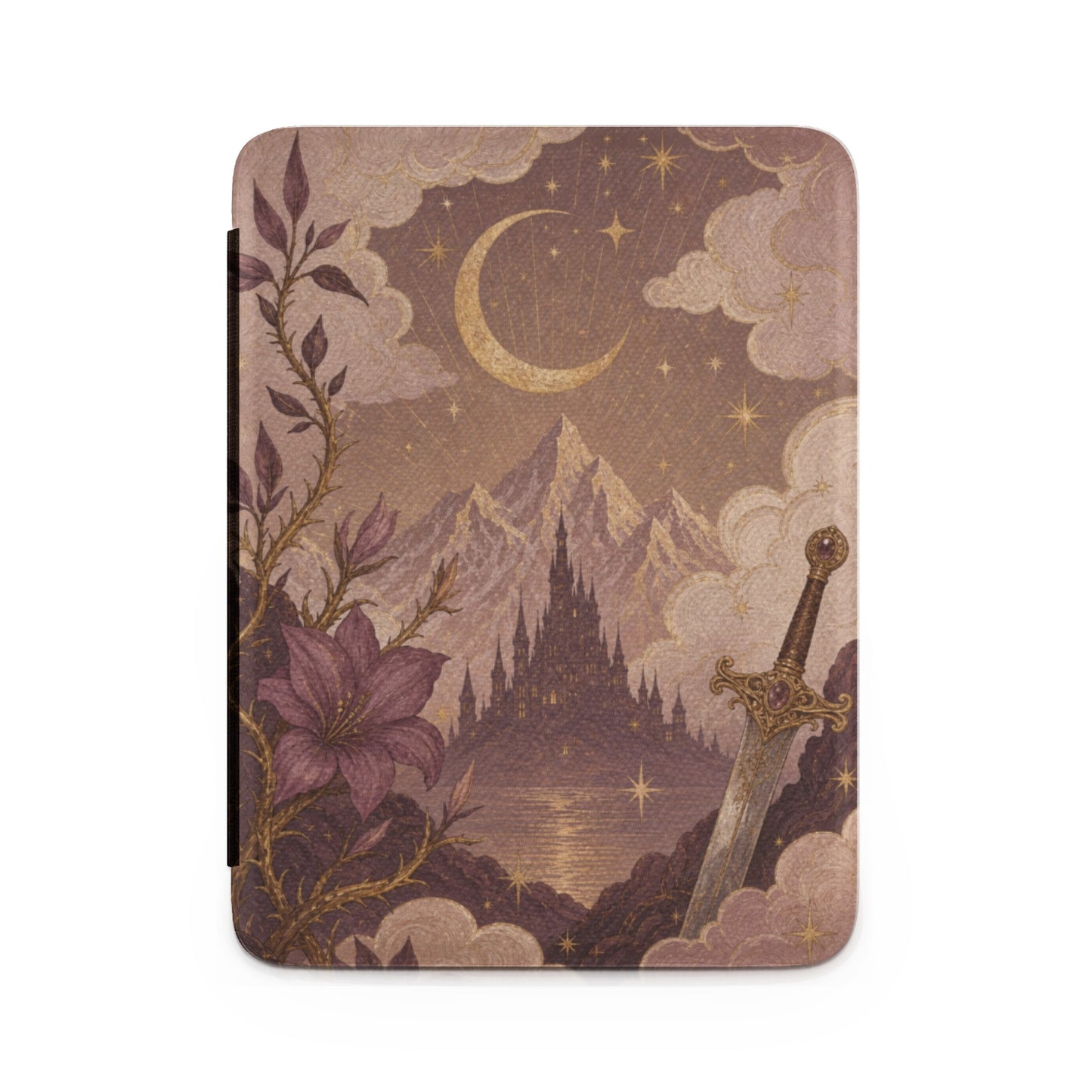 Fantasy art featuring a sword, castle, mountains, moon, and stars.