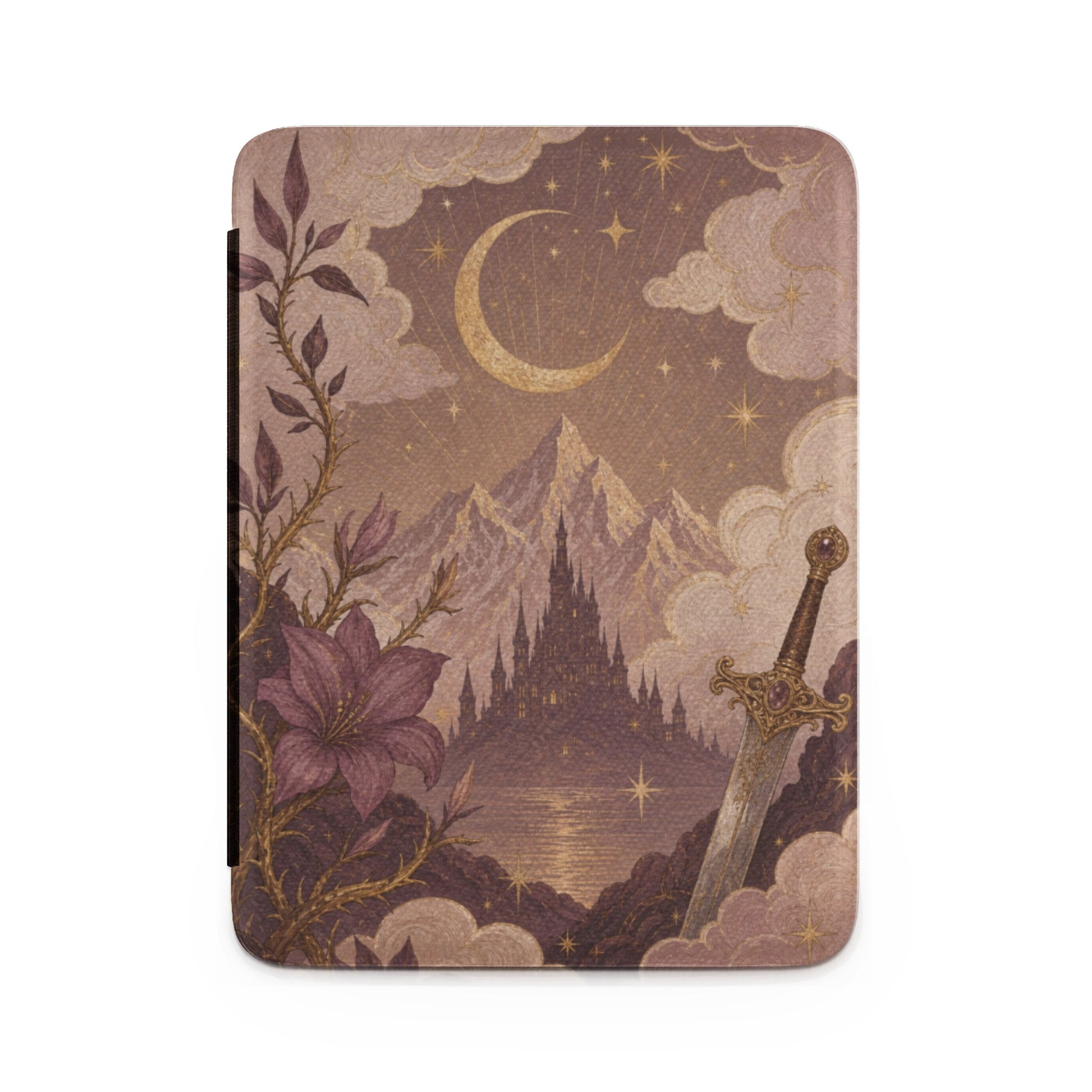 Fantasy art featuring a sword, castle, mountains, moon, and stars.