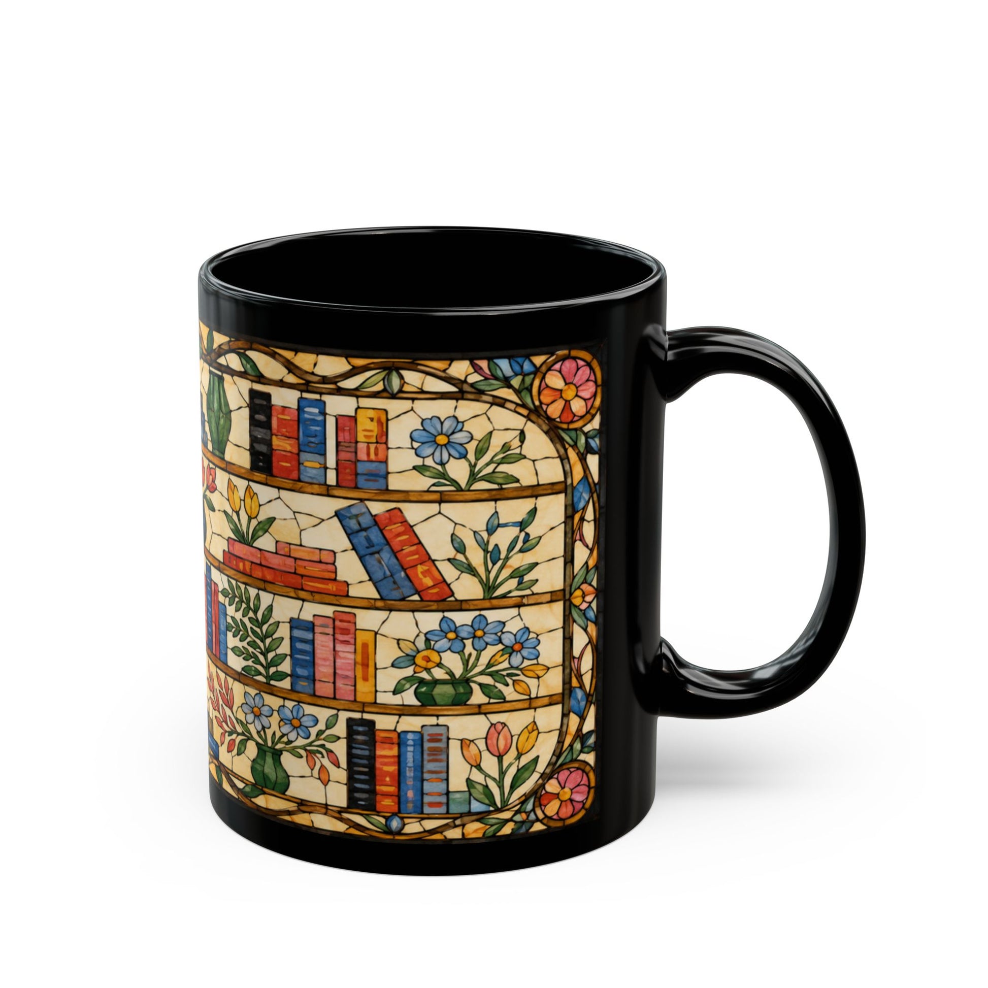 Black mug with a stained-glass style bookshelf and floral design.