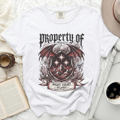 White t-shirt with "Property of Night Court Velaris" graphic.
