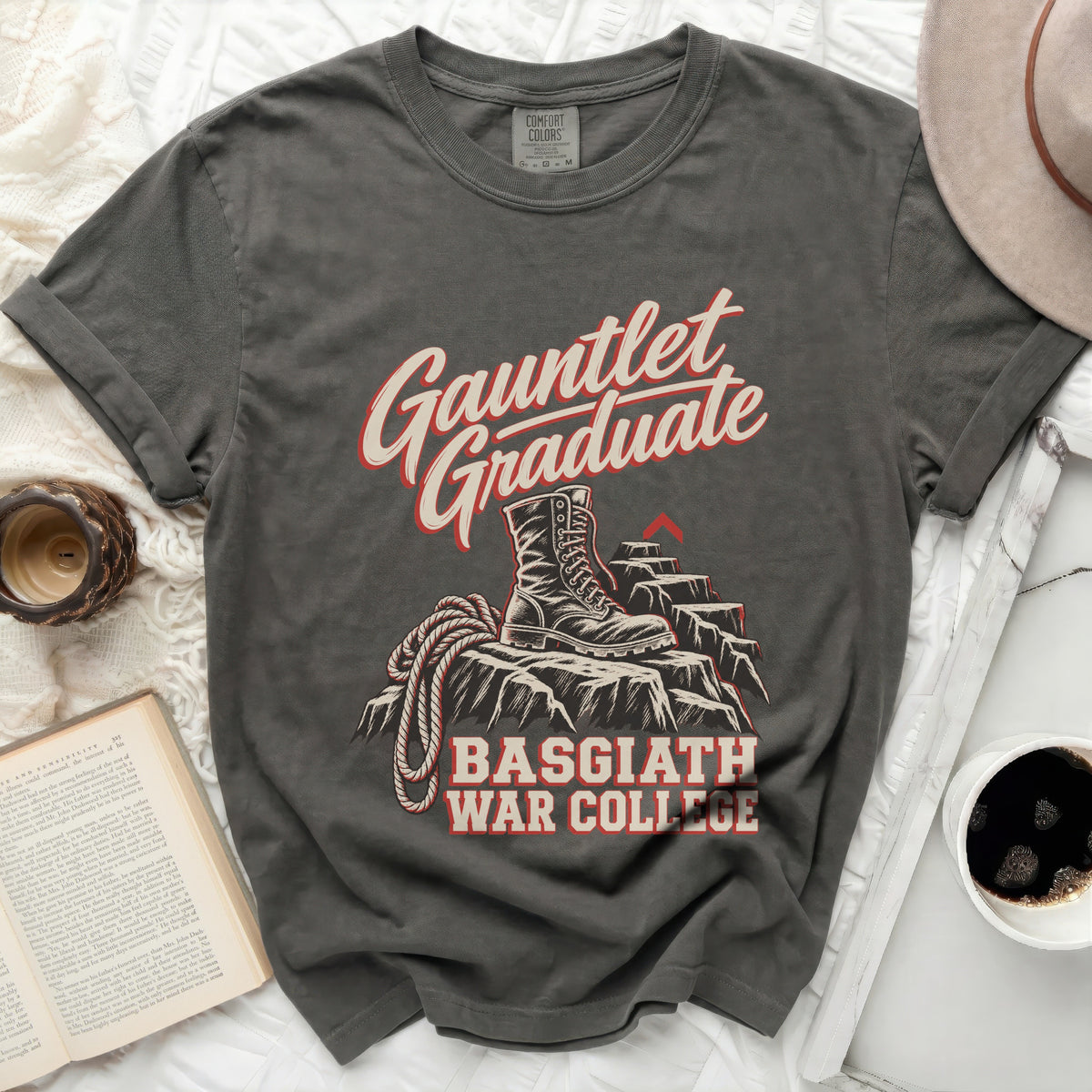 T-shirt graphic: Gauntlet Graduate, boot on rocks, Basgiath War College text.