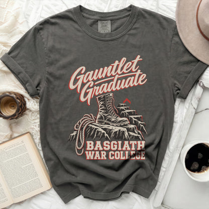 T-shirt graphic: Gauntlet Graduate, boot on rocks, Basgiath War College text.