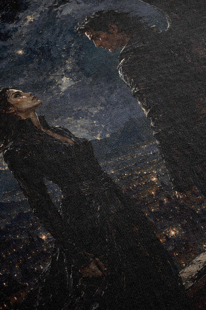 a woman and a man standing together in a dark, nighttime setting, with the woman looking up at the man.
