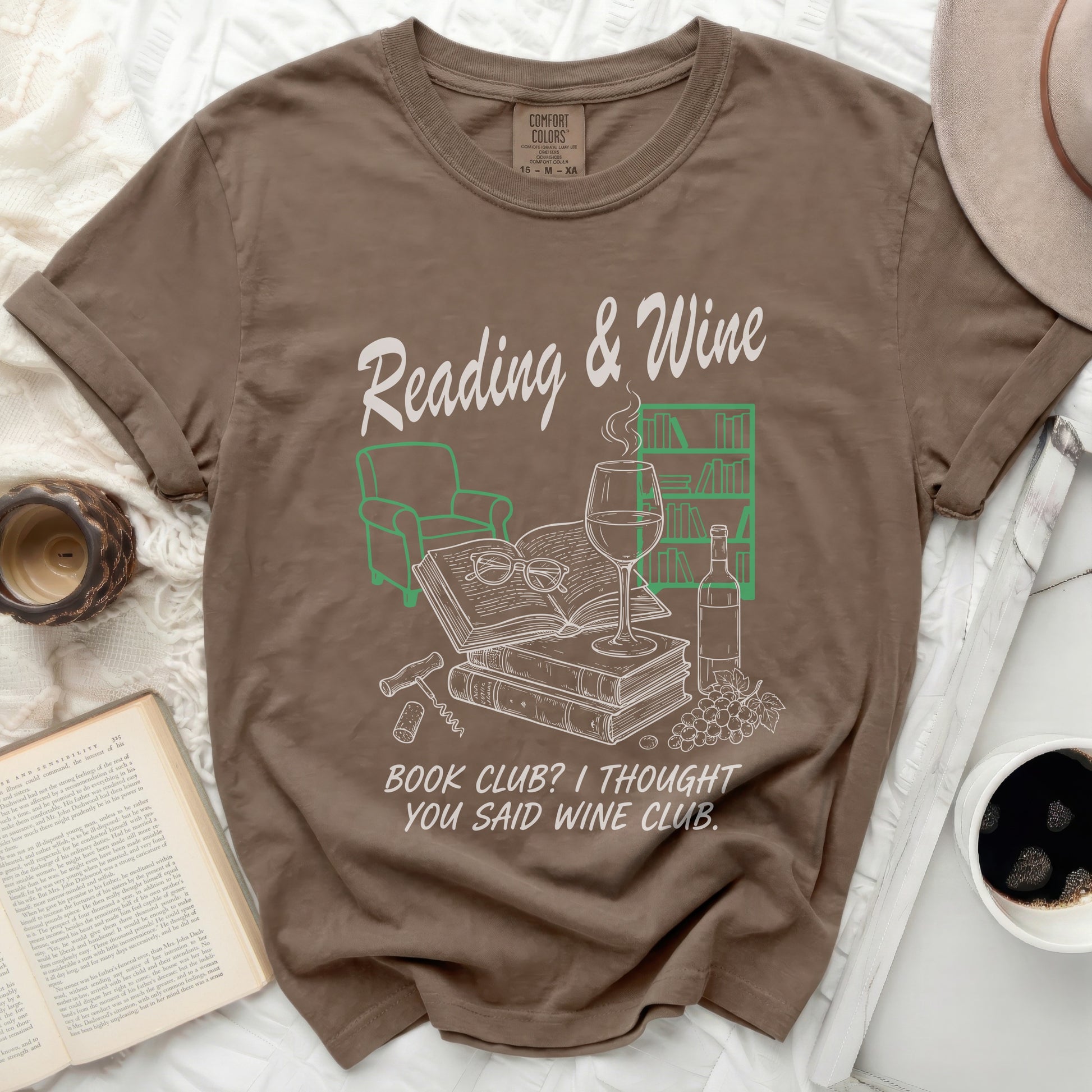 T-shirt with "Reading & Wine" and "Book Club?" text, featuring graphics.
