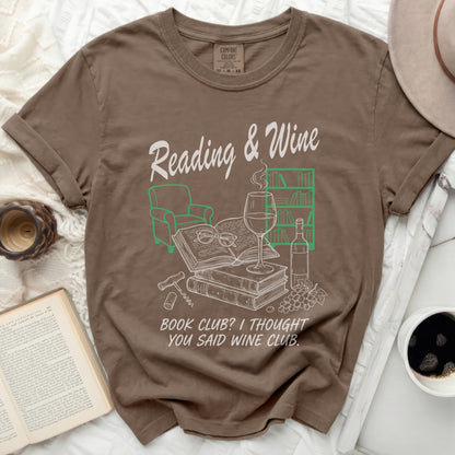 T-shirt with "Reading & Wine" and "Book Club?" text, featuring graphics.