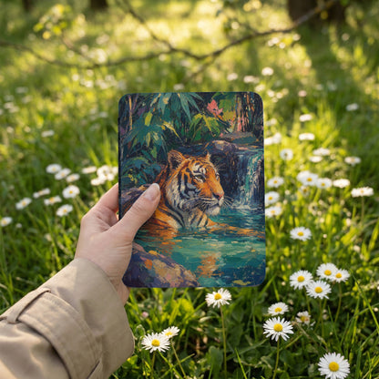 Tigress resting in water with lush foliage and waterfall, painted in impressionistic style.