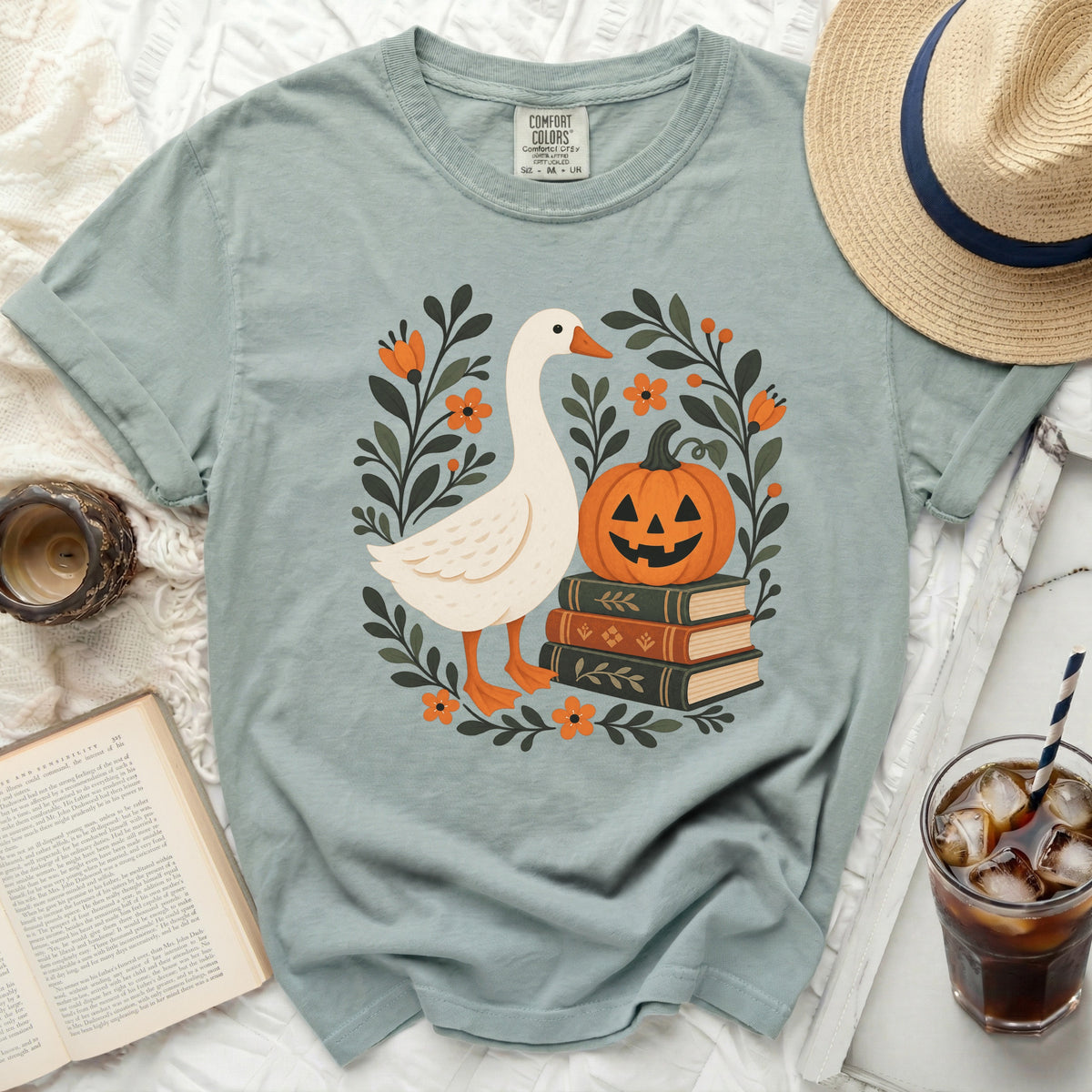Goose, pumpkin, and books graphic on a light blue t-shirt.