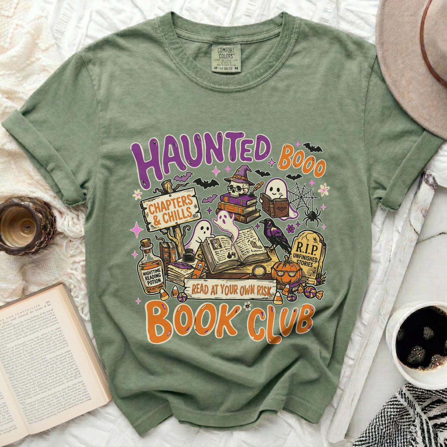 Green t-shirt with "Haunted Boo Book Club" Halloween design.