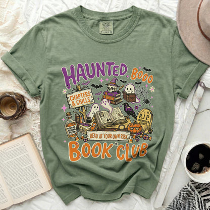 Green t-shirt with "Haunted Boo Book Club" Halloween design.
