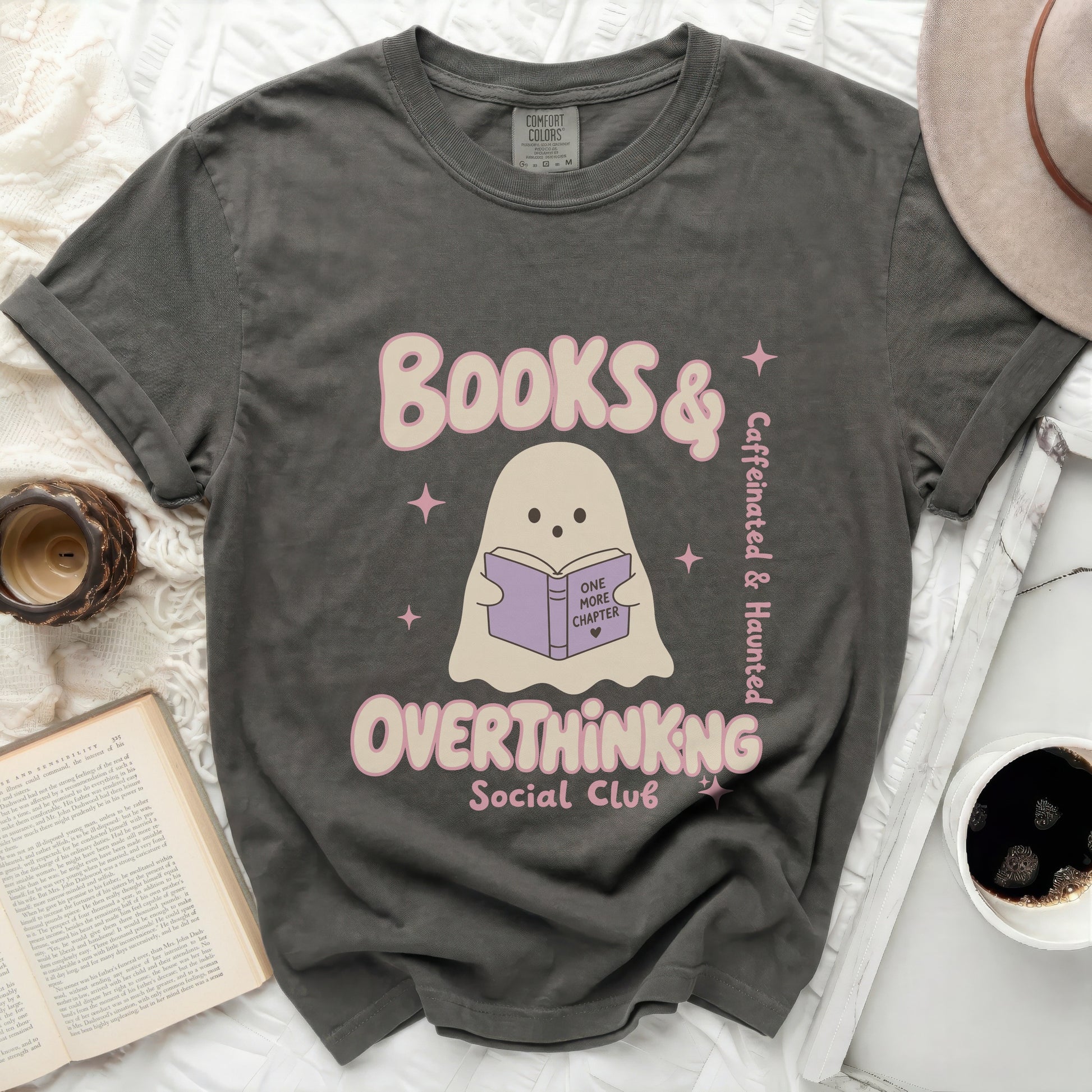 Comfort Colors t-shirt with ghost reading book and "Books & Overthinking Social Club" text.