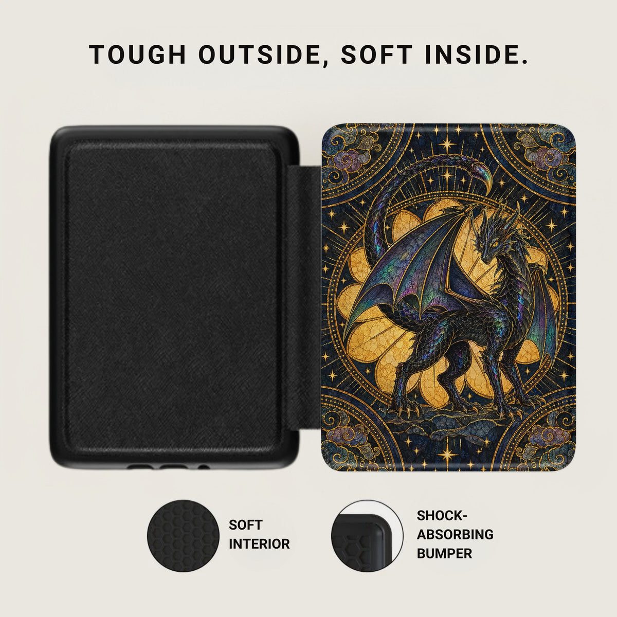 Black e-reader case open with a dark textured interior on the left and an ornate stained-glass dragon design on the cover.
