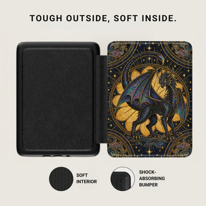 Black e-reader case open with a dark textured interior on the left and an ornate stained-glass dragon design on the cover.