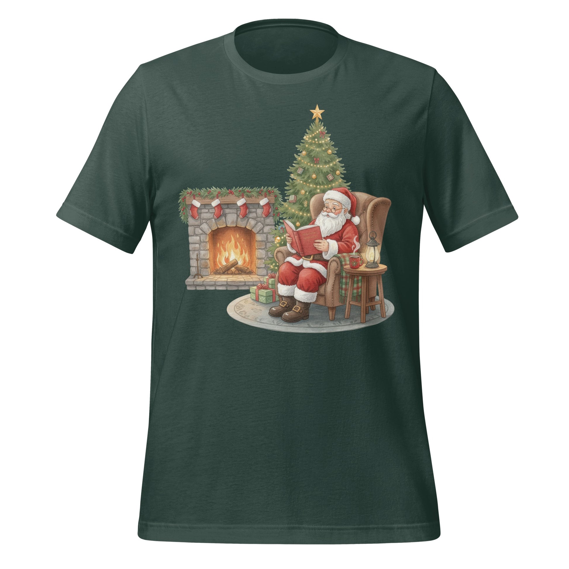 Santa Reading by the Fireplace Christmas T-shirt