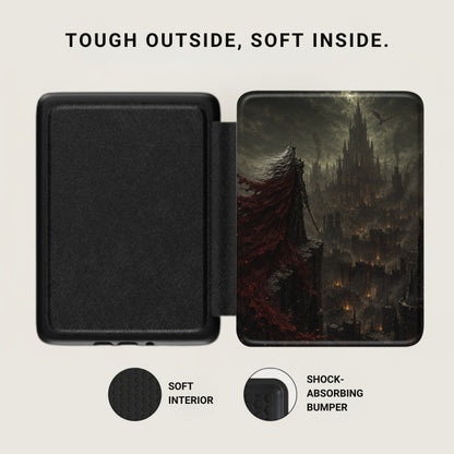 Black case with textured exterior and a dark fantasy city design interior.