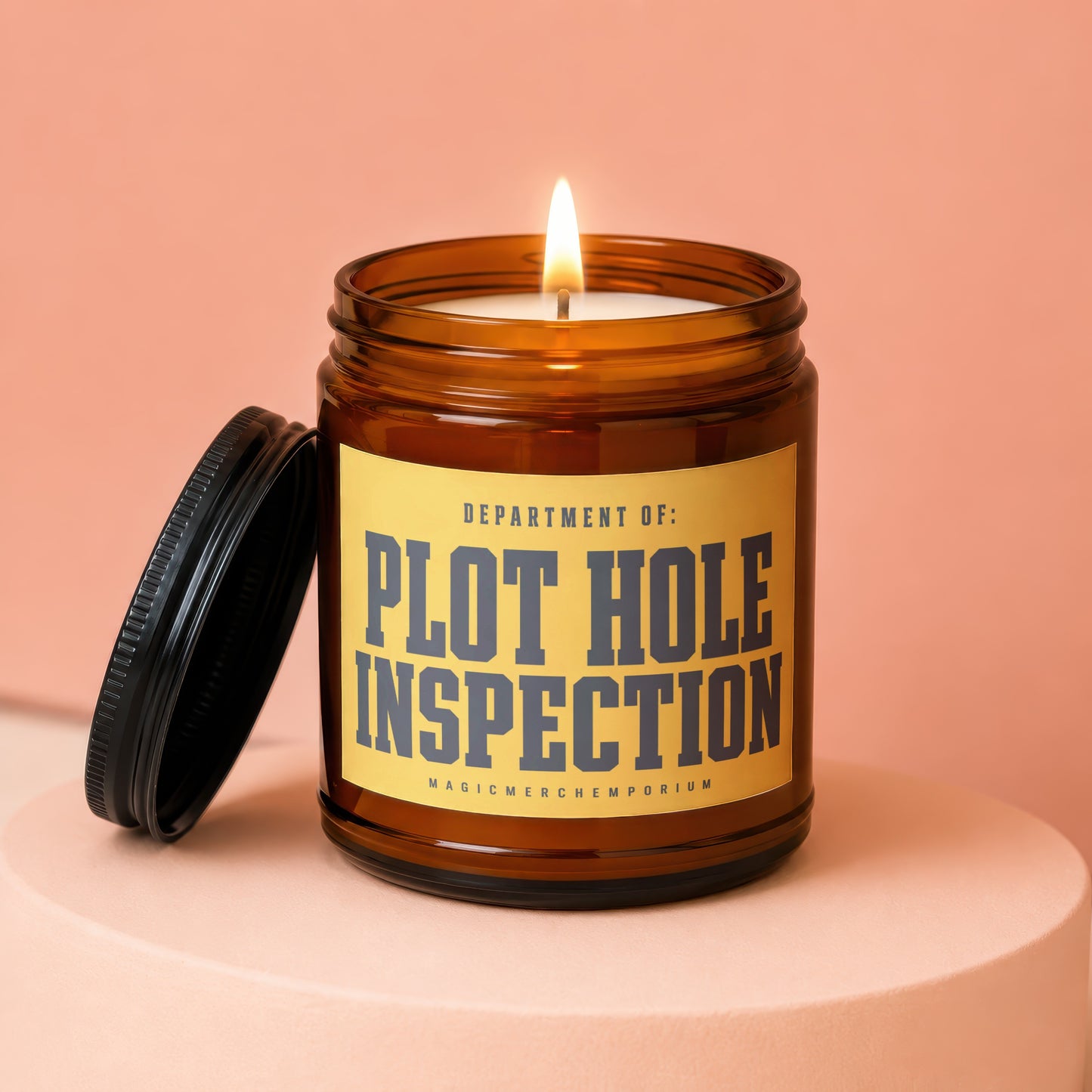 Brown glass candle with lit flame and label reading "DEPARTMENT OF: PLOT HOLE INSPECTION".
