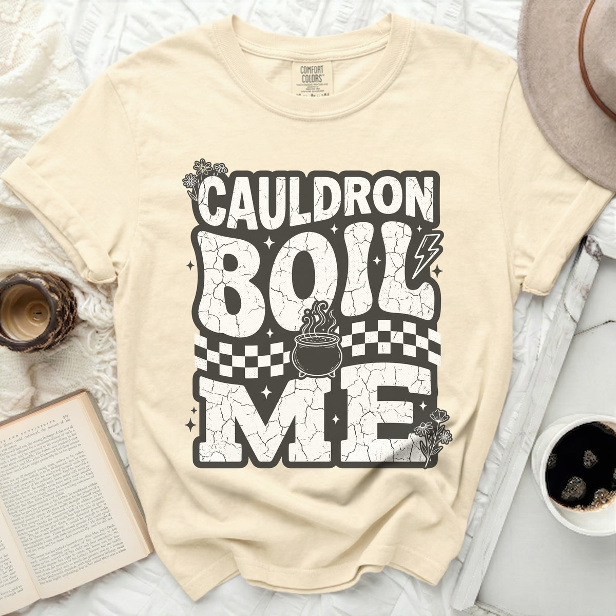 Comfort Colors cream t-shirt with "Cauldron Boil Me" graphic