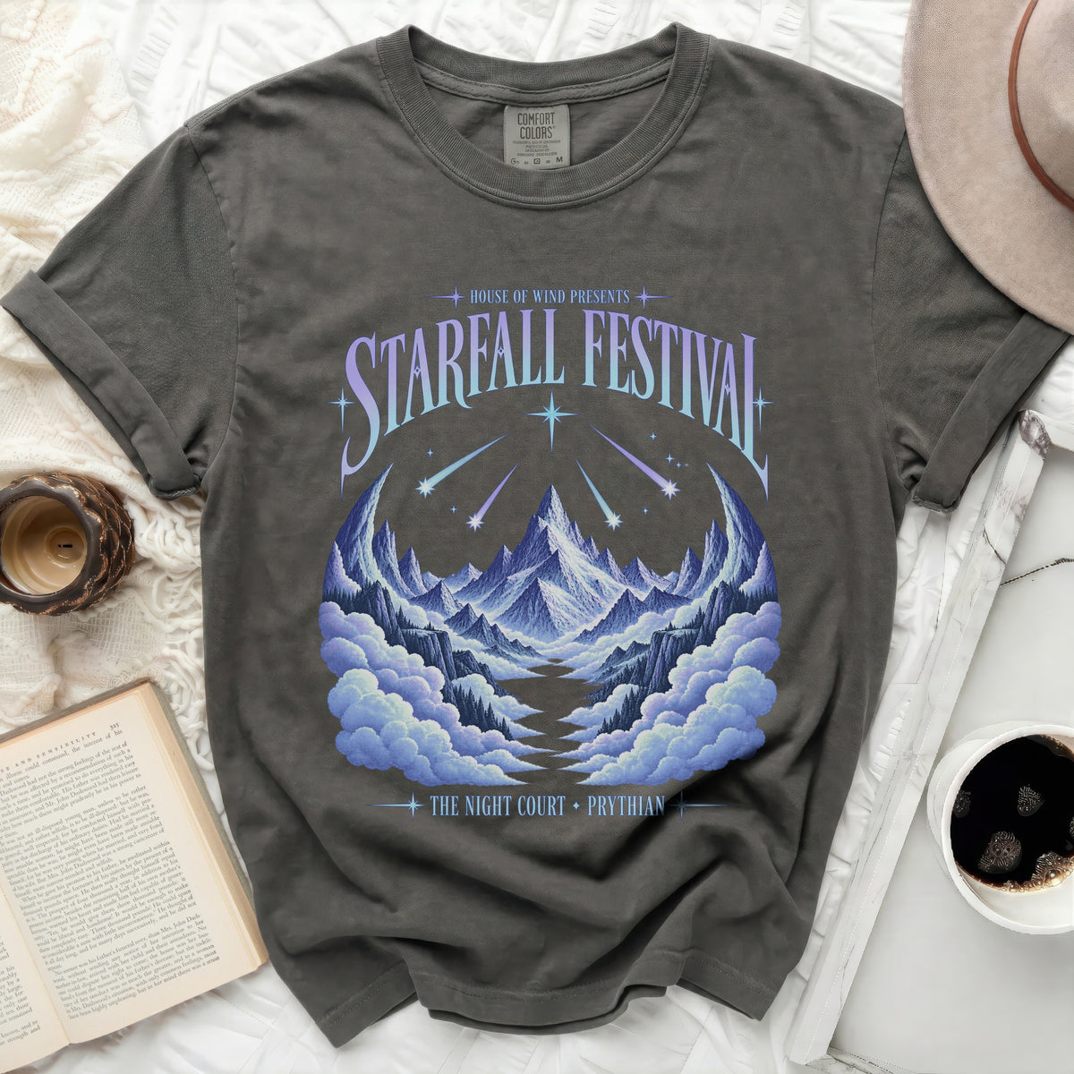 Gray t-shirt with "Starfall Festival" and mountains graphic.