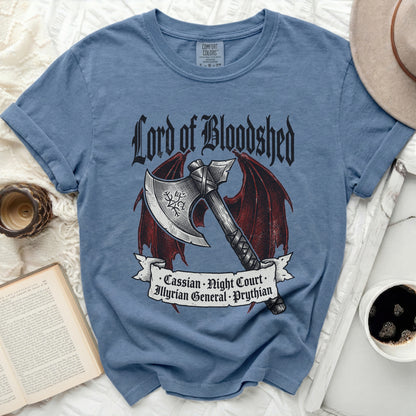 Blue t-shirt with "Lord of Bloodshed" and axe artwork.