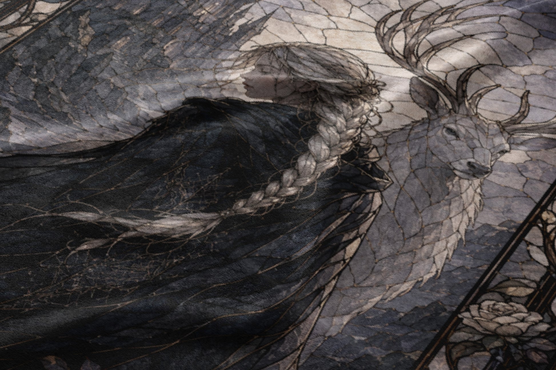Fantasy art of a braided woman with large antlers next to a stag against a dark, ethereal background.