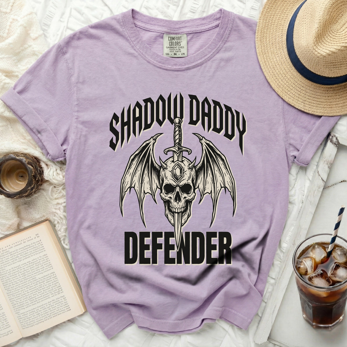 Purple t-shirt with "Shadow Daddy Defender" graphic featuring a skull and wings.