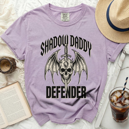 Purple t-shirt with "Shadow Daddy Defender" graphic featuring a skull and wings.