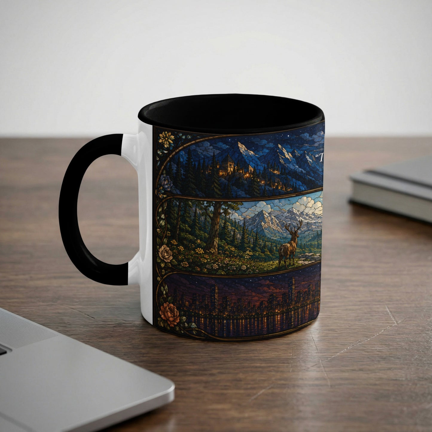 Mug with three stained glass style panels: mountain village, deer in a meadow, and city skyline.