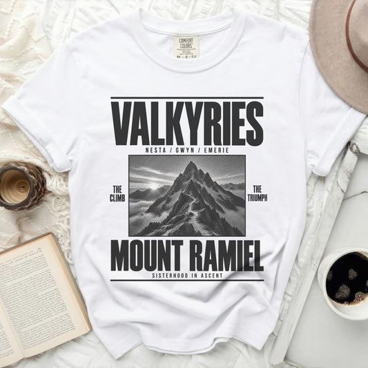 White t-shirt with black text "VALKYRIES" and mountain graphic for "MOUNT RAMIEL".