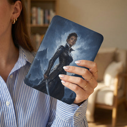 Woman holding a case with fantasy art of a warrior against a stormy, mountainous backdrop.