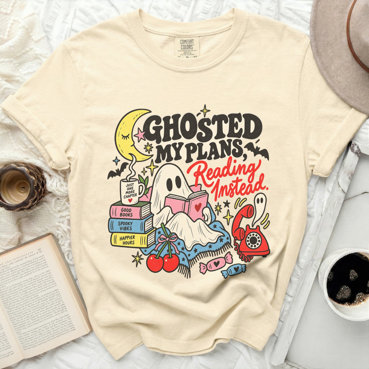 Cream t-shirt with ghost reading and text "Ghosted My Plans, Reading Instead."