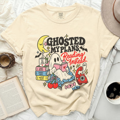 Cream t-shirt with ghost reading and text "Ghosted My Plans, Reading Instead."