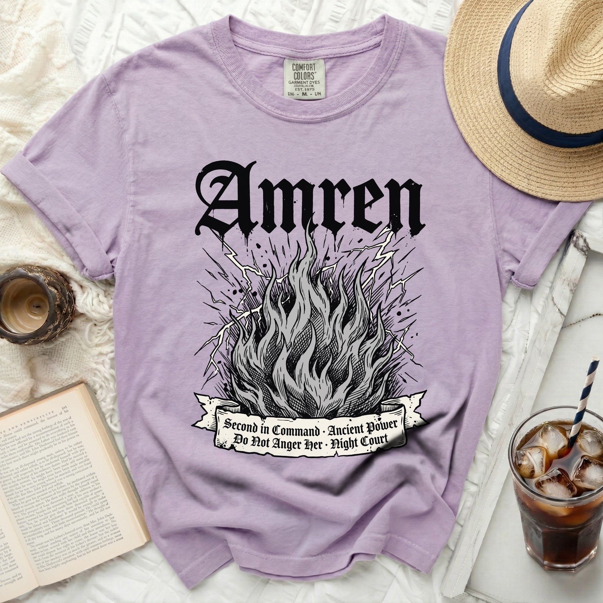 Lavender t-shirt with "Amren" and fire graphic, text reads "Second in Command - Ancient Power - Do Not Anger Her - Night Court".