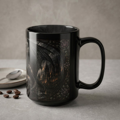 Black mug with dragon and castle design, steam rising from the top.