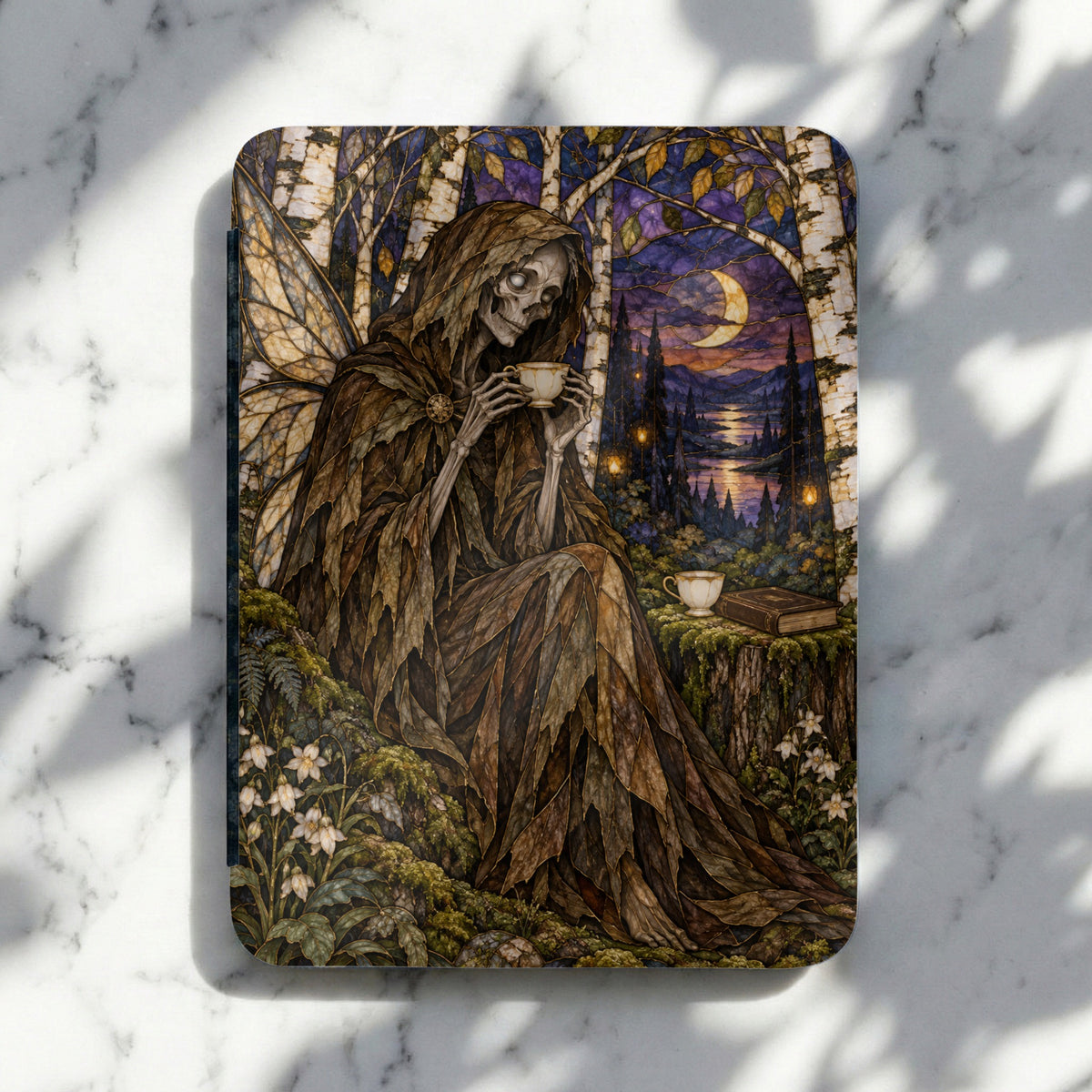 Skeleton fairy in leaf cloak holding teacup in moonlit forest setting.