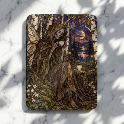 Skeleton fairy in leaf cloak holding teacup in moonlit forest setting.