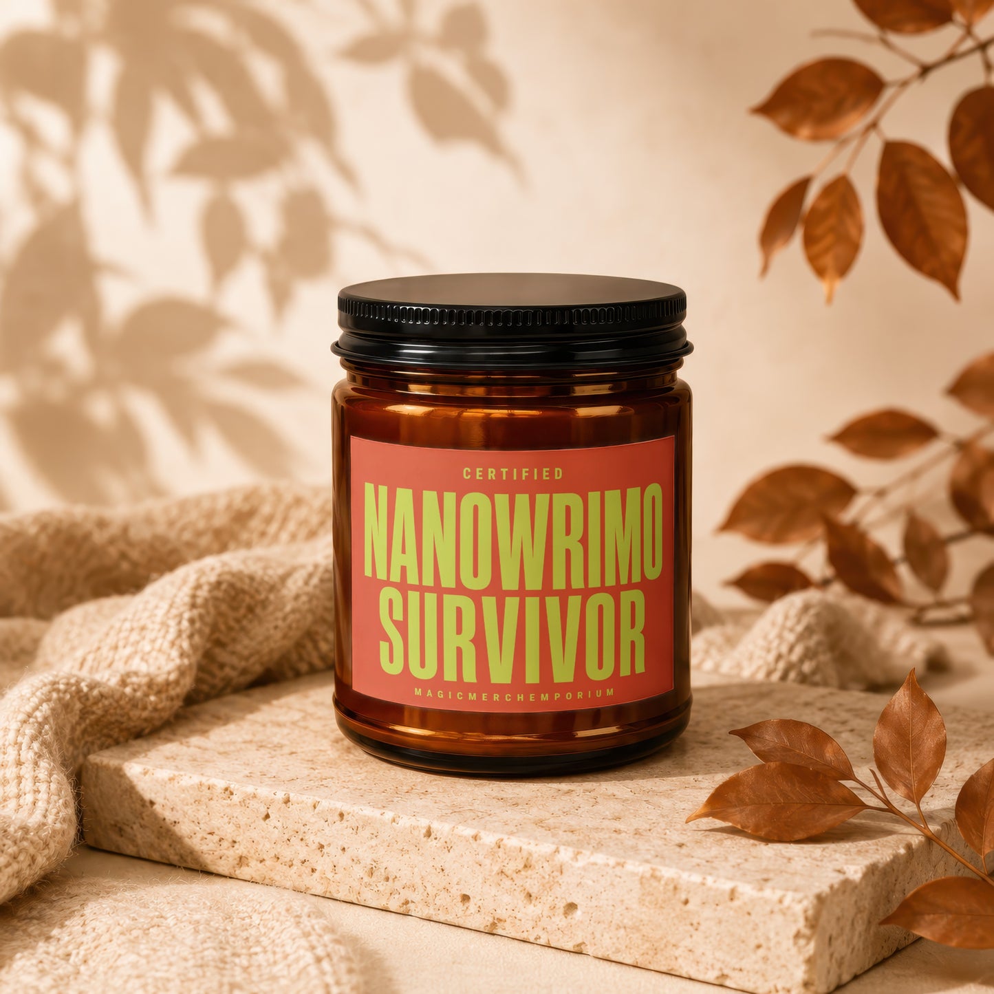 Amber jar with black lid, red label reads "CERTIFIED NANOWARRIOR SURVIVOR".