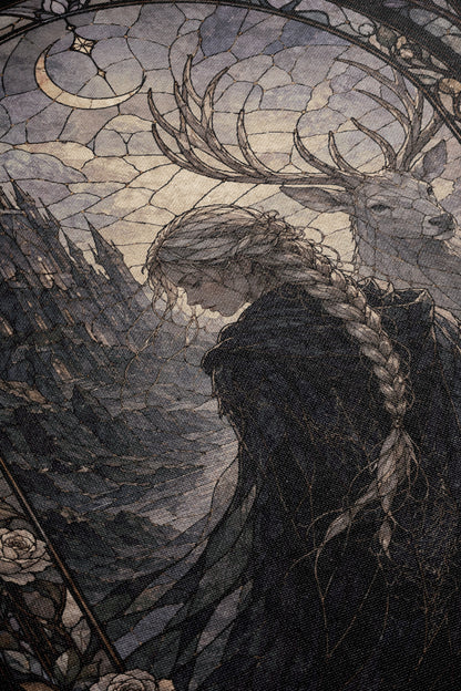 The image is a detailed illustration featuring a woman with braided hair, wearing a dark outfit, standing in front of a deer with antlers. The background depicts a landscape with mountains and a crescent moon.