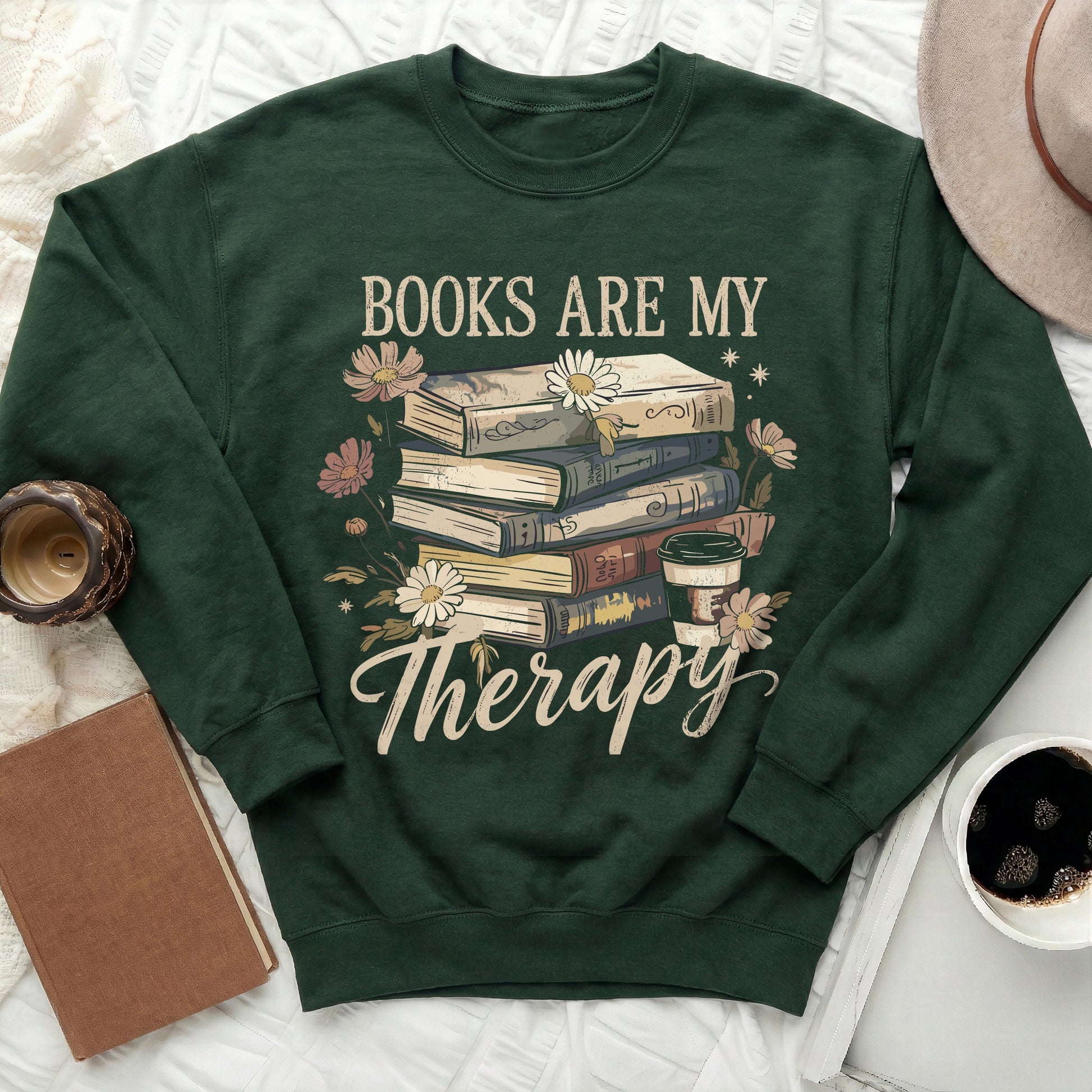 Books Are My Therapy Floral Green Sweater