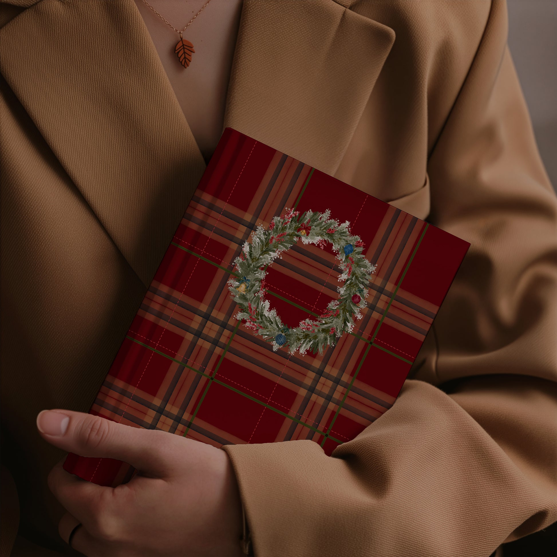Elegant Christmas Wreath Design on Plaid Red Notebook