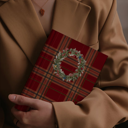 Elegant Christmas Wreath Design on Plaid Red Notebook