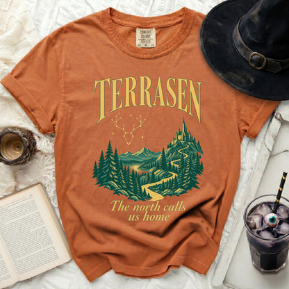 Orange t-shirt with "Terrasen" and "The north calls us home" text.