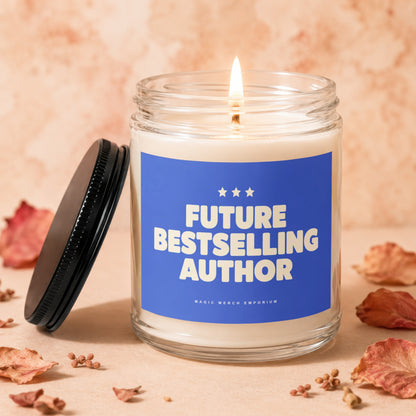 Glass jar candle with blue label that reads "FUTURE BESTSELLING AUTHOR"
