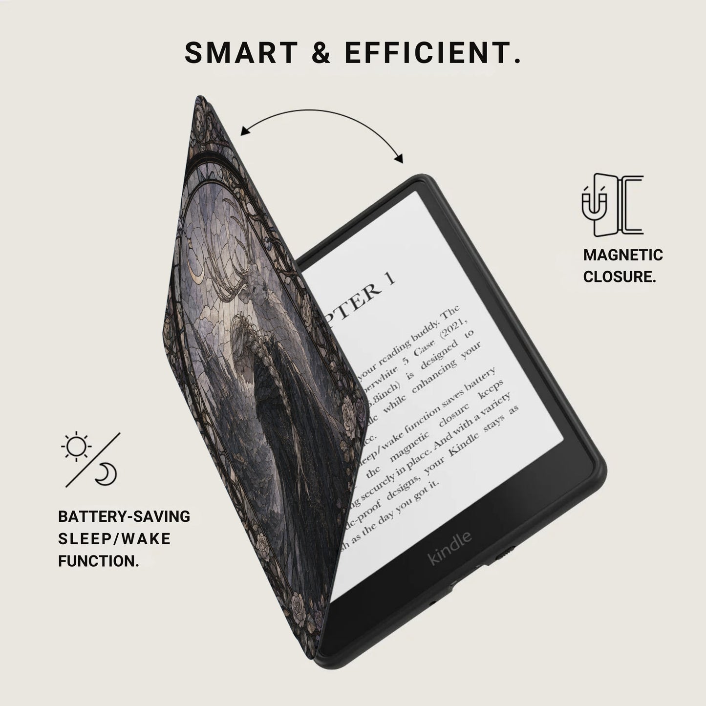 Kindle e-reader with open cover featuring stained glass art and text.