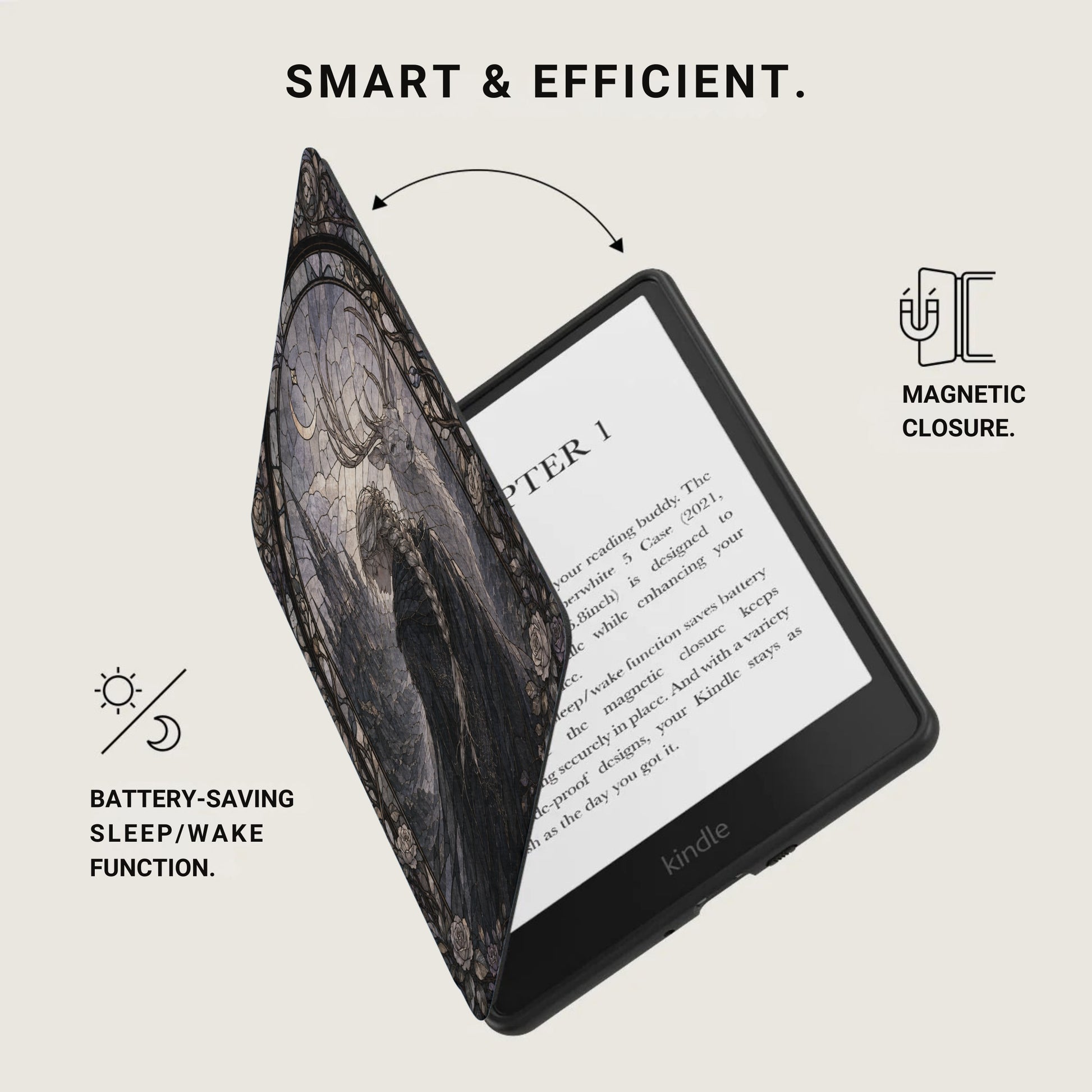 Kindle e-reader with open cover featuring stained glass art and text.