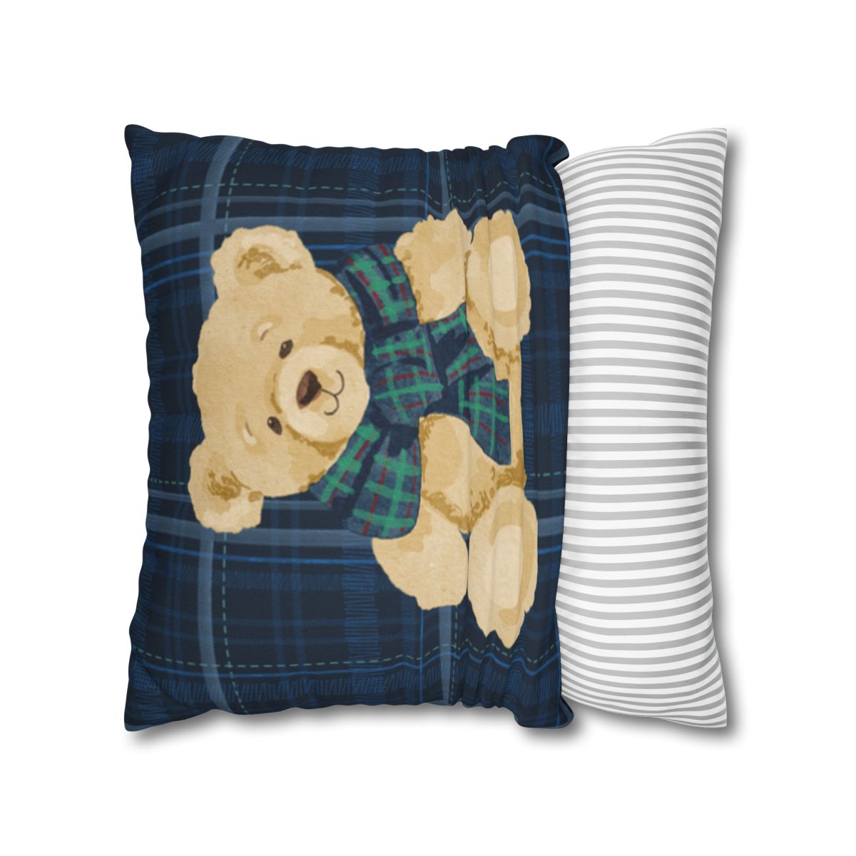 Cozy Teddy Bear Patterned Pillow with Blue and White Stripes