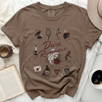 Brown t-shirt with "Dark Romance" and gothic imagery.