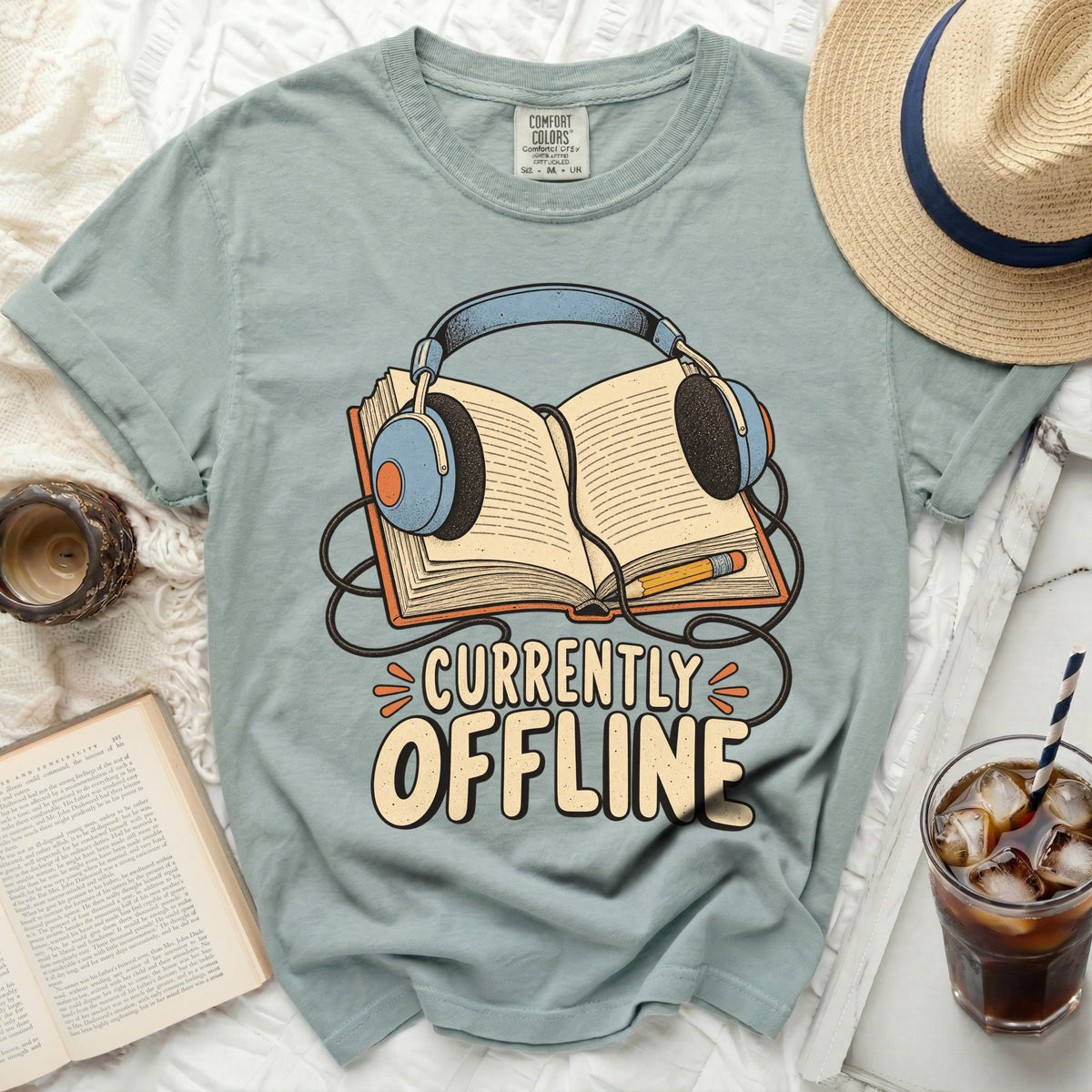 T-shirt with "Currently Offline" graphic featuring headphones over an open book.