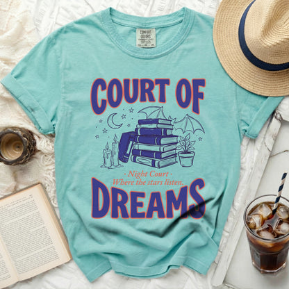 Teal Comfort Colors t-shirt with "Court of Dreams" and celestial book design.