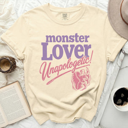 Comfort Colors t-shirt with "monster Lover Unapologetic!" text and graphic.