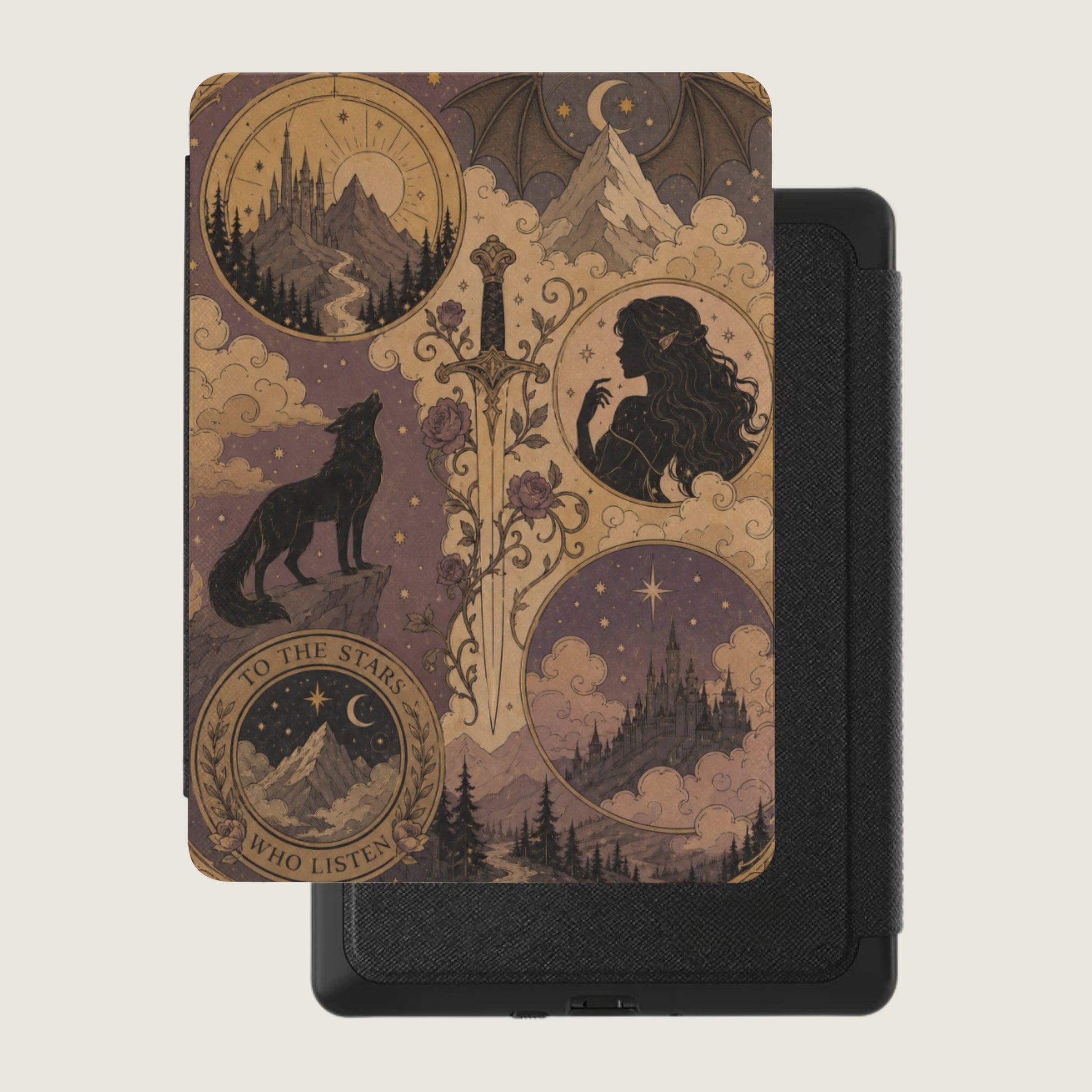 Fantasy art cover with wolf, castle, elf, sword, and text.
